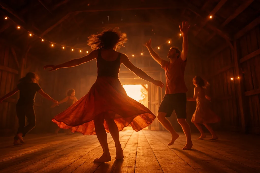 Blootsvoetse deelnemers dansen vrij in een houten zaal