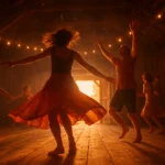 Blootsvoetse deelnemers dansen vrij in een houten zaal